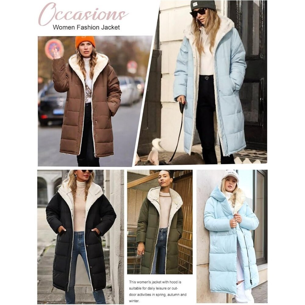 Women's Long Coffee Hooded Puffer Down Jacket Coat Fleece Warm Fashion Outerwear - Picture 6 of 9